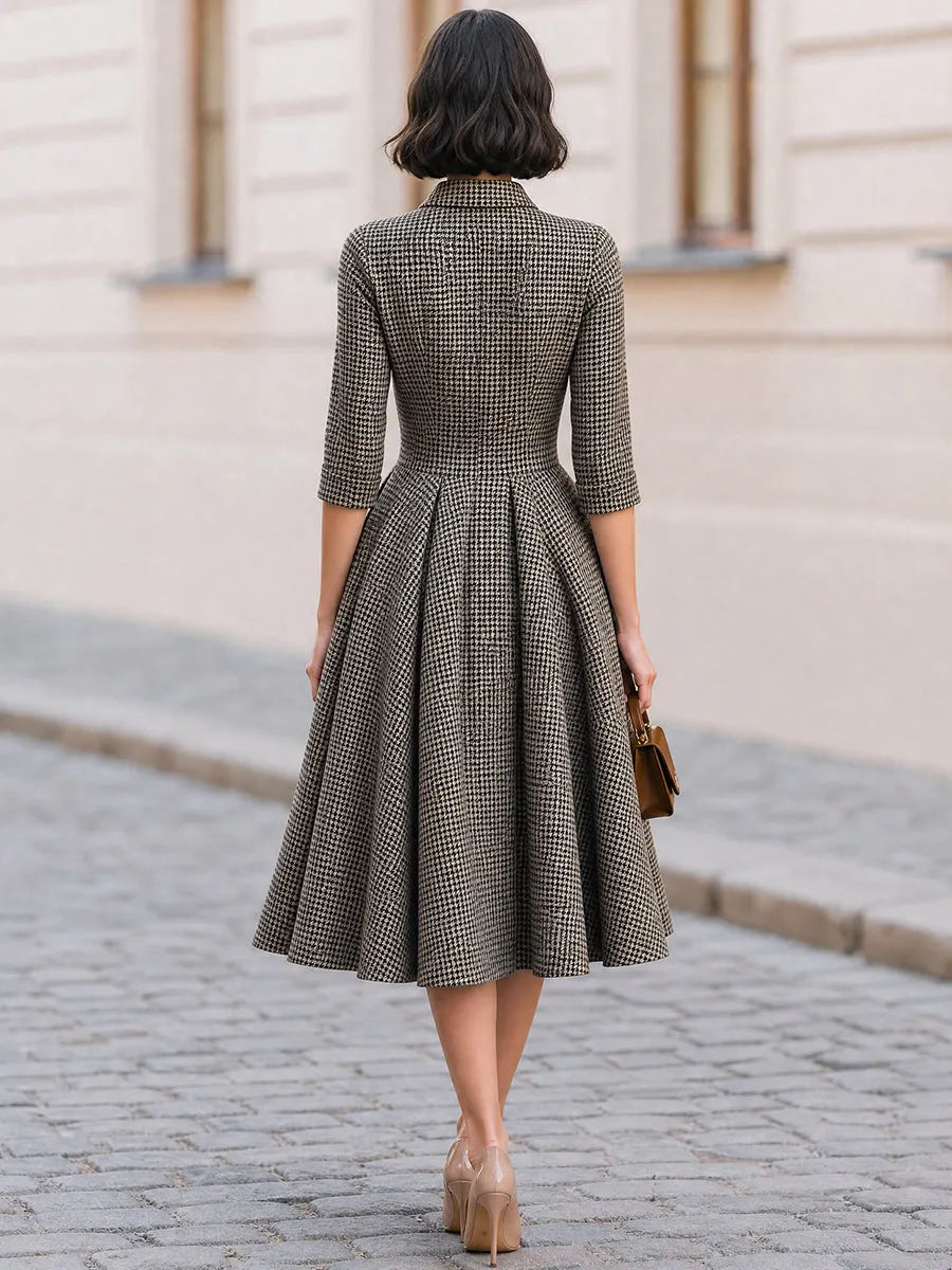 Houndstooth Collared 3/4 Sleeve Button Front A-Line Midi Dress