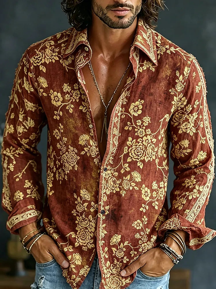 Men's Spring Summer Colorful Floral Embroidered Art Print Flowy Linen Blend Shirt