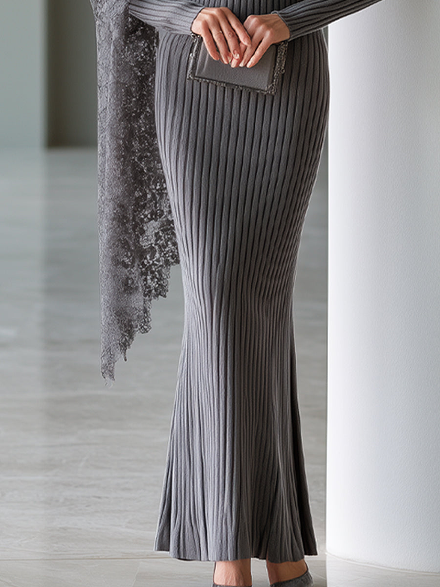Lace-Draped Ribbed Knit Maxi Dress
