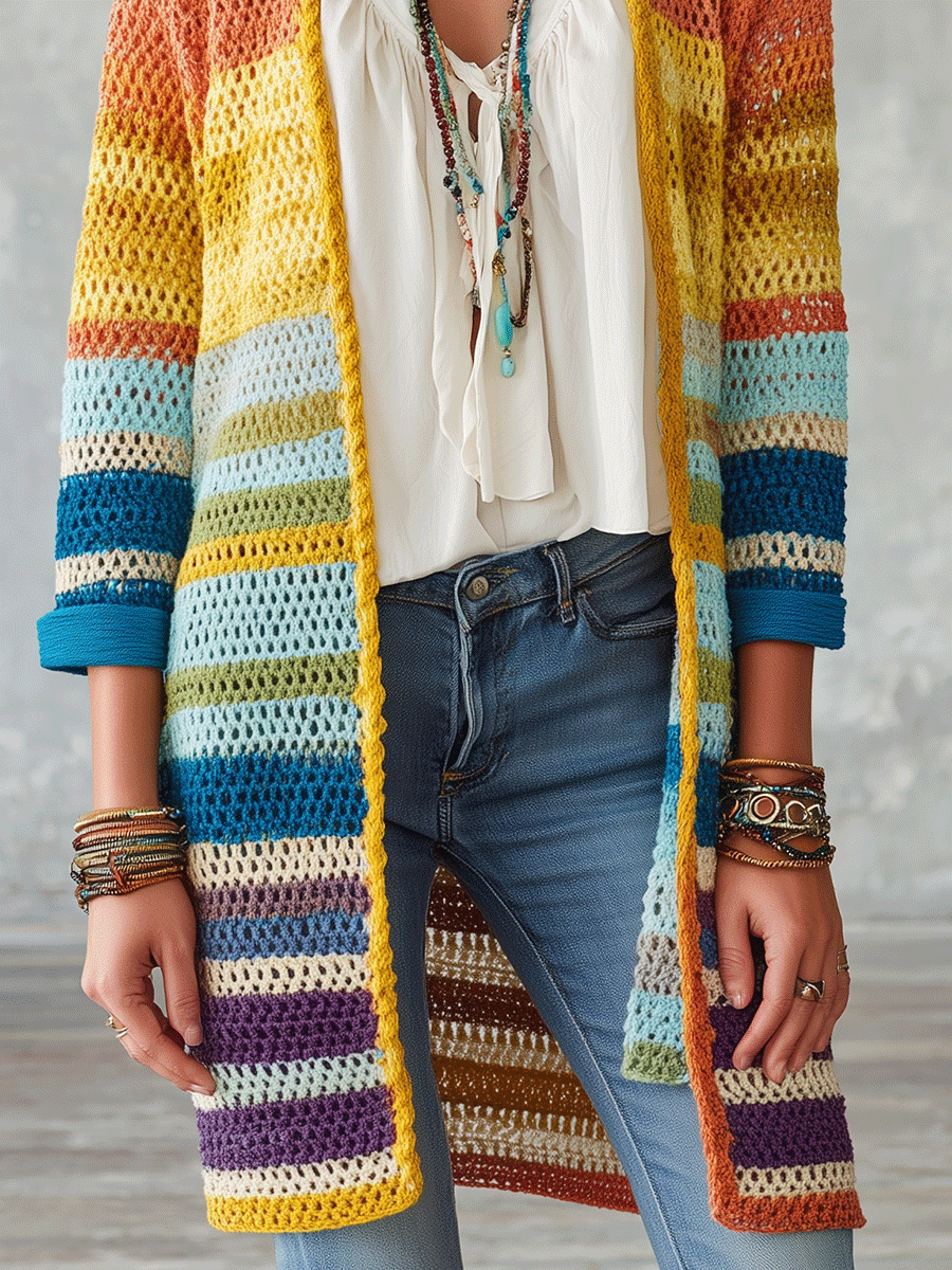 Bohemian Chic Crochet Open-Front Striped Rainbow Longline Cardigan