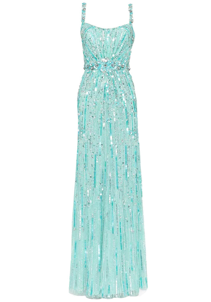 Crystal Floral Strap Sequin Maxi Dress Green