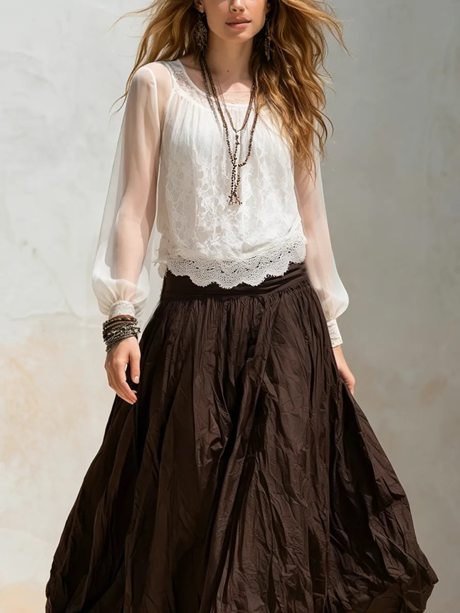 Bohemian Lace Chiffon Top And Brown Skirt Set