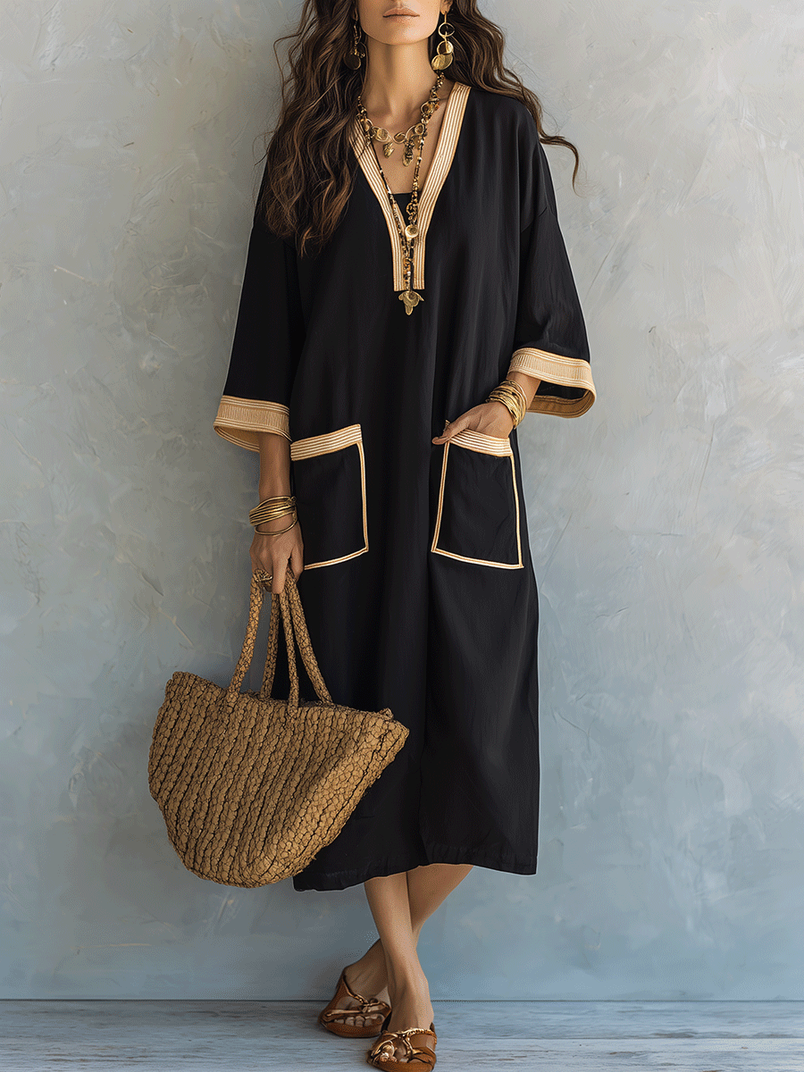 Effortless Coastal Elegance Black Tunic Pocket Detail Kaftan Midi Dress