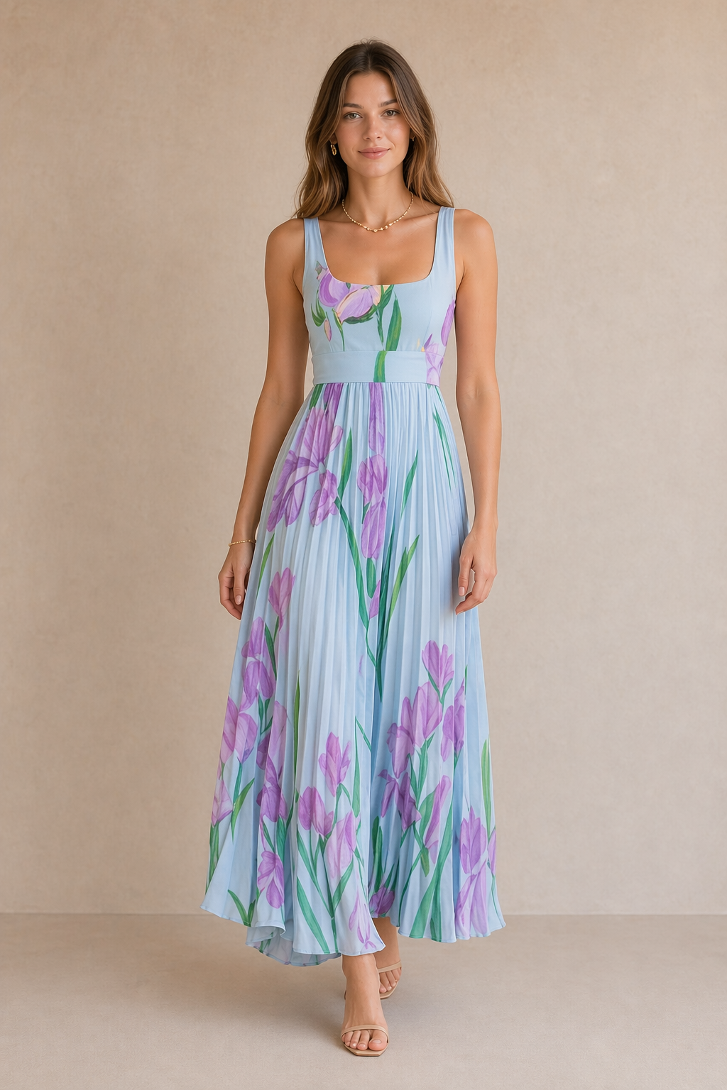 Floral Pleated Square-Neck Maxi Dress