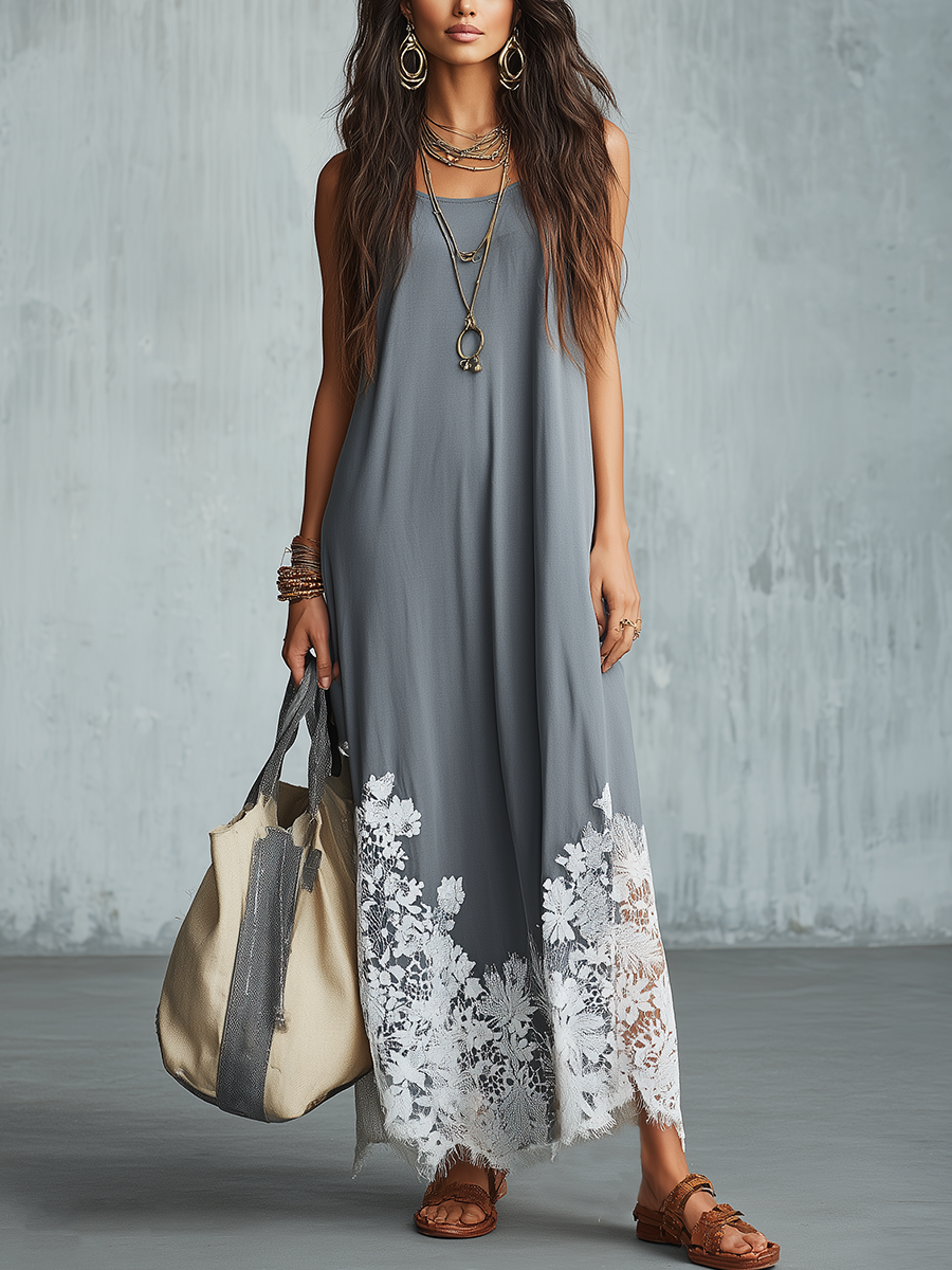 Relaxed Slate Gray Floral Hem Maxi Dress