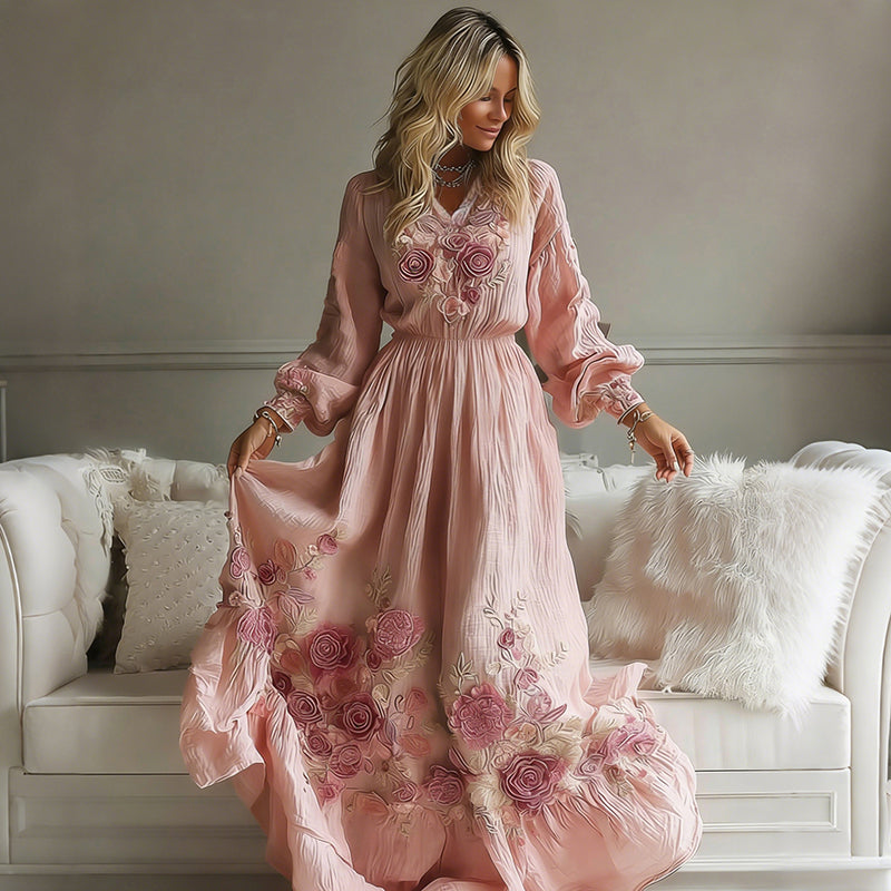 Elegant Rose Embroidery V-neck Long-sleeved Dress For Women