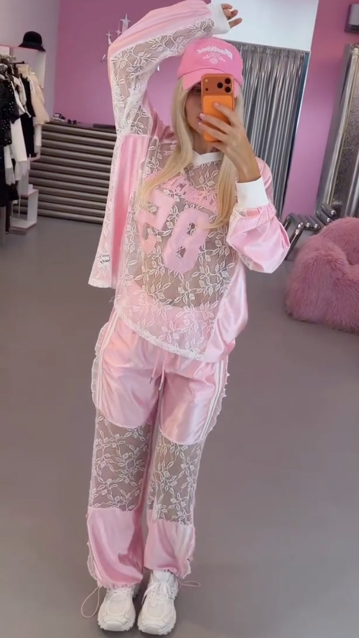 Lace & Satin Patchwork Two-Piece Tracksuit
