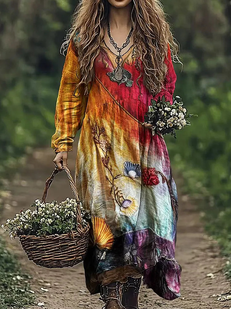Women's Vintage Gradient Floral Patchwork V Neck Midi Dress
