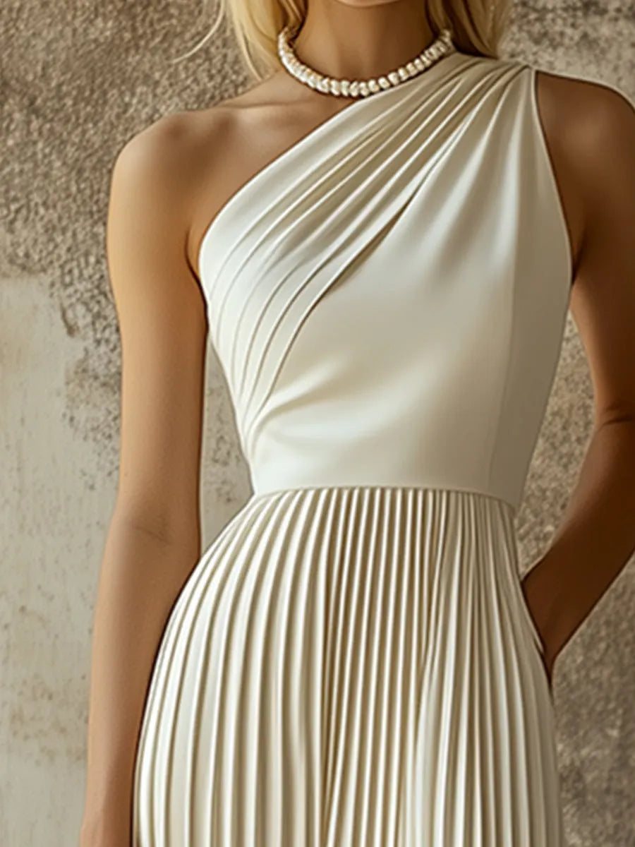 [24-hour shipping out]Elegant High-end Evening Gown White Pleated Sleeveless Midi Dress