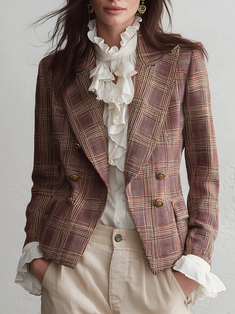 Effortless Chic Textured Tweed Fitted Peaked-Lapel Brown & Pink Plaid Blazer