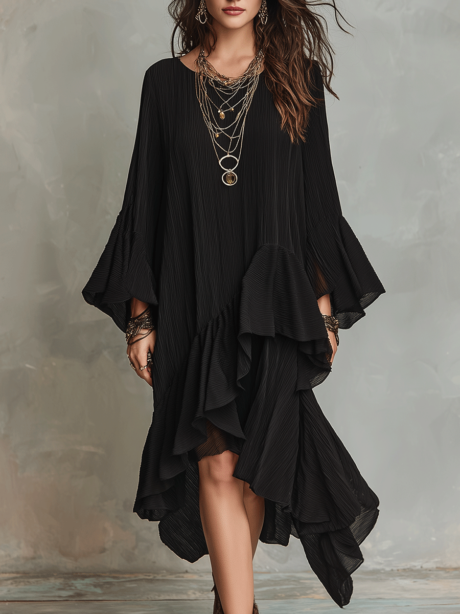 Elegant Asymmetric Ruffle Black Boho Midi Dress
