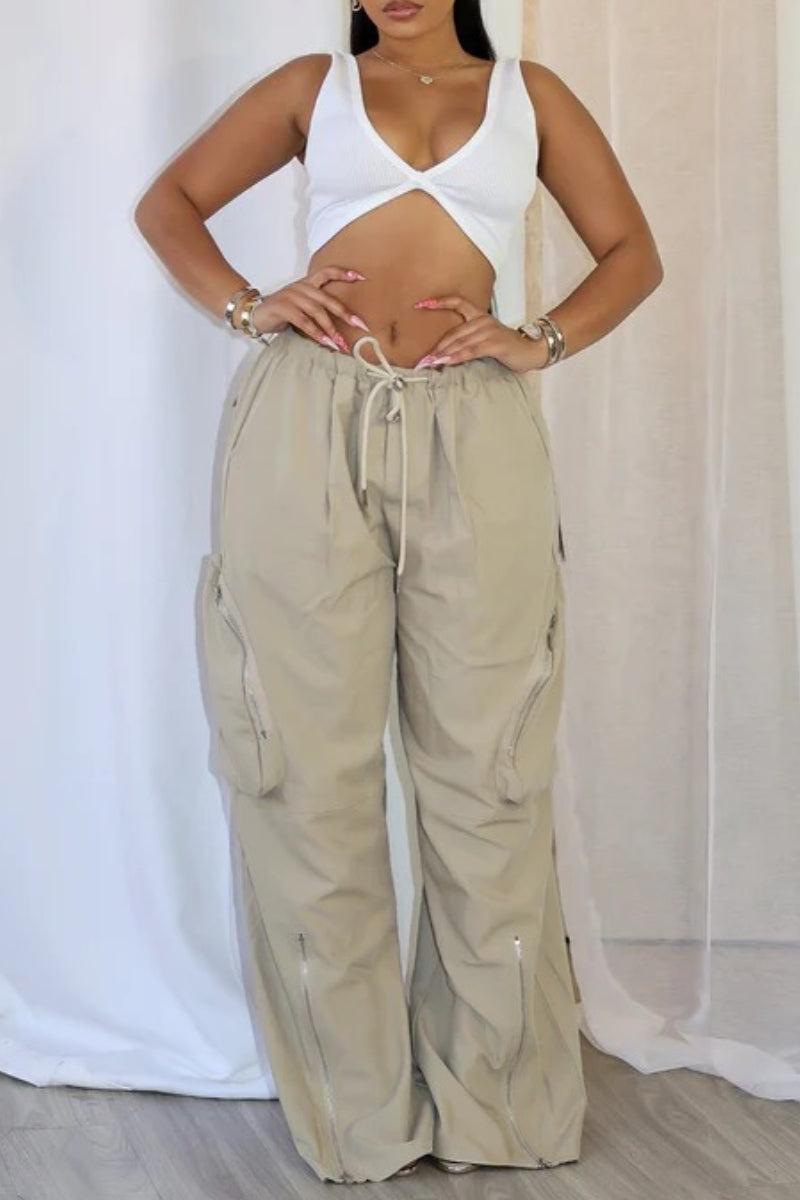 Drawstring Cargo Pants with Zipper Details