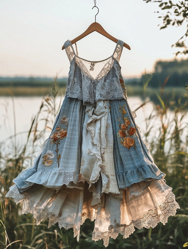Summer Handmade Lace Plaid Patchwork Dress 9492