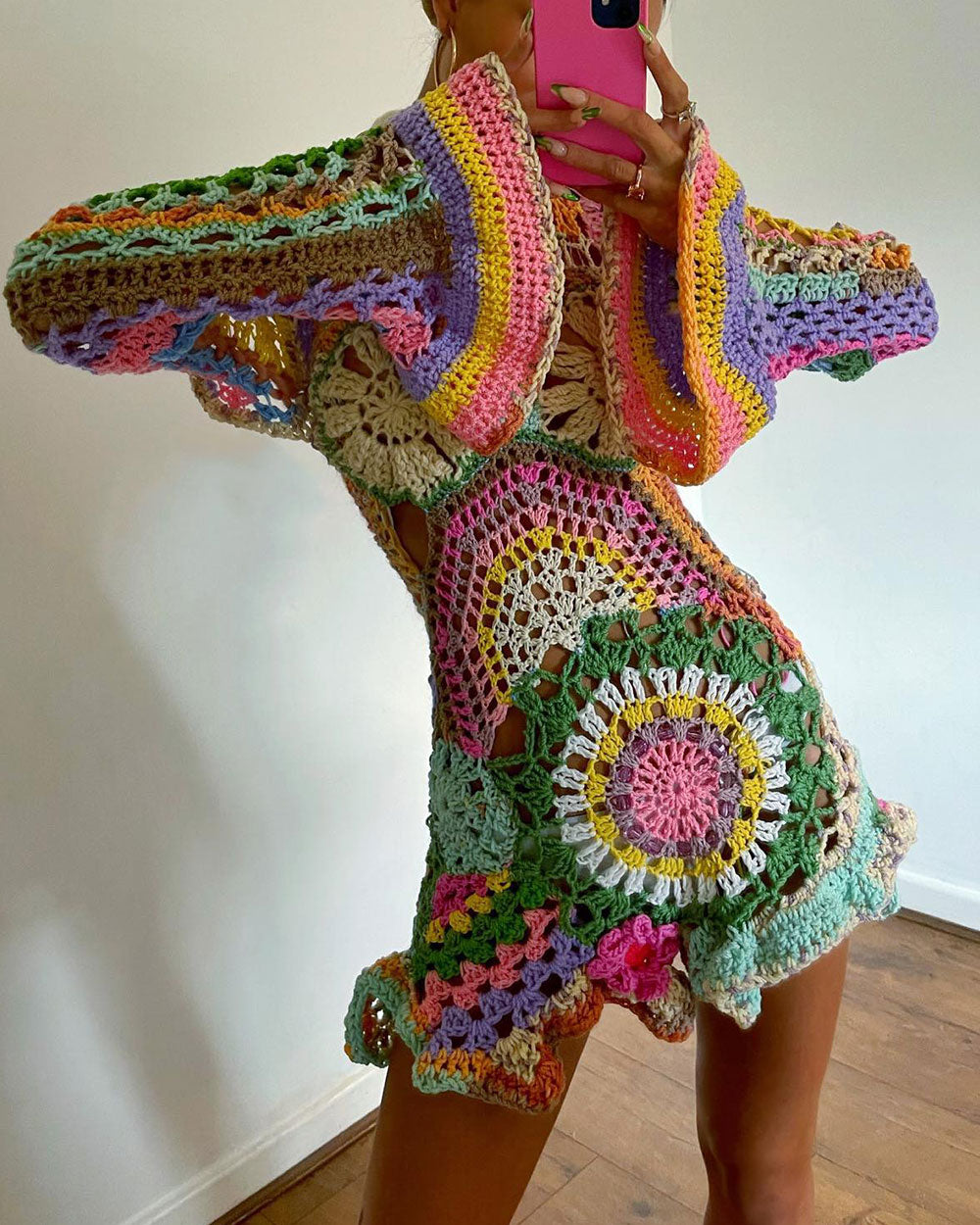 Rainbow Crochet Knitted Mini Dress