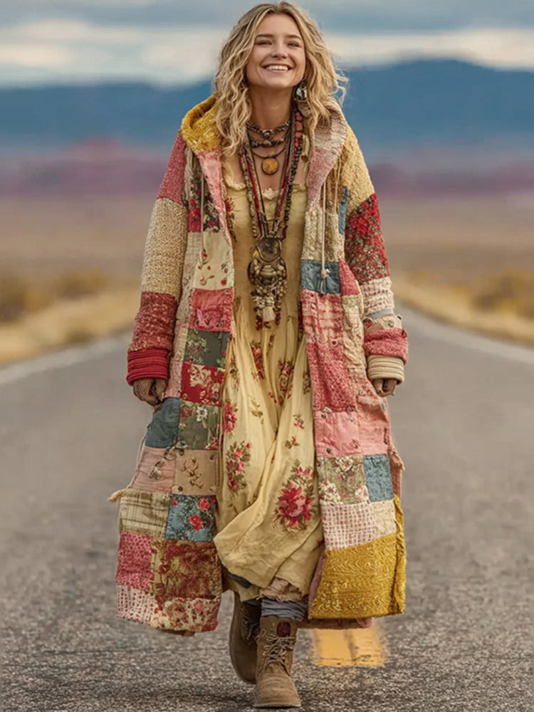 Women's Vintage Patchwork Floral Art Cozy Knit Hooded Long Cardigan