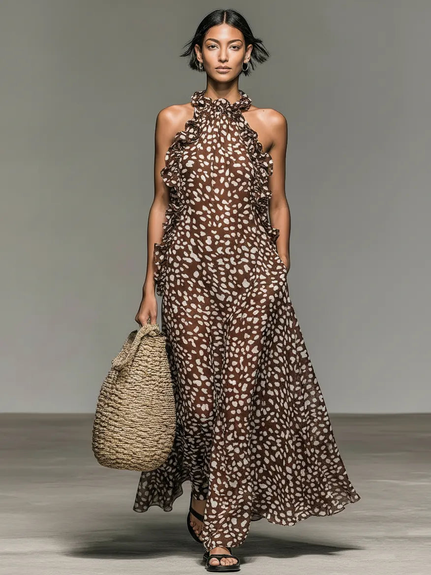 Women's Minimalist Deer Print Sleeveless Maxi Dress With Ruffled Collar MDZ2662B6Y