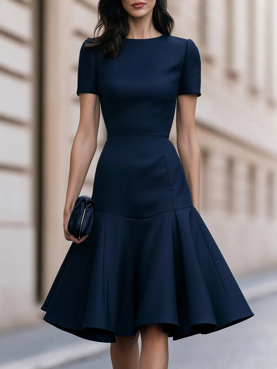 Structured Flare Hem Short Sleeve Midi Dress