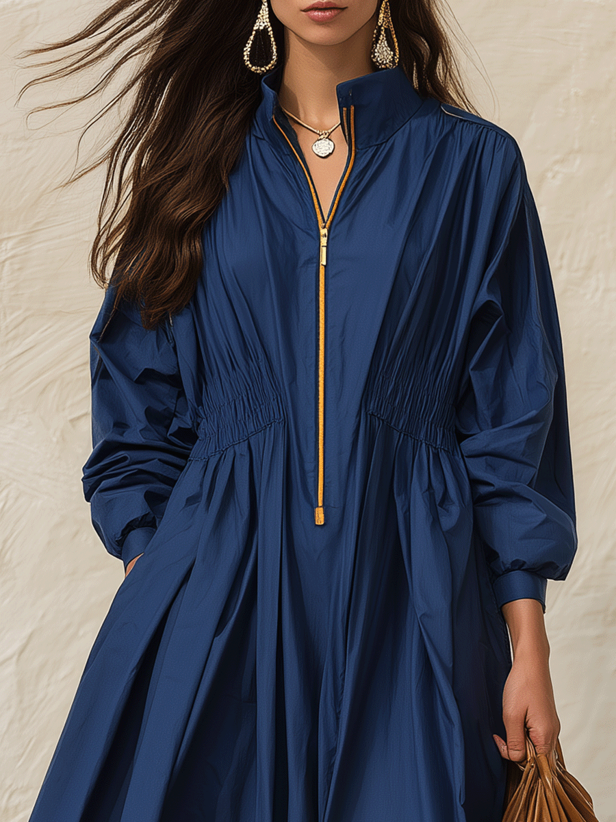 Women's Zip-Up Stand Collar Long Sleeve Cinched Waist Maxi Dress