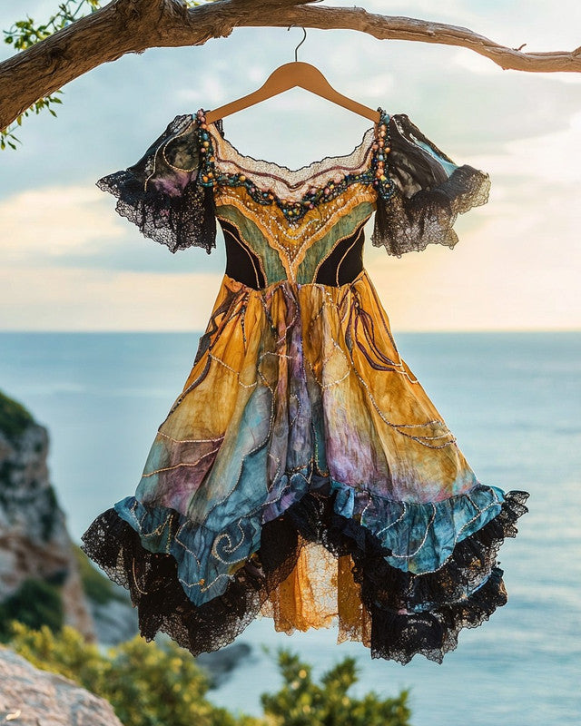 Summer Holiday Ruffle Lace Contrast Dress 2083
