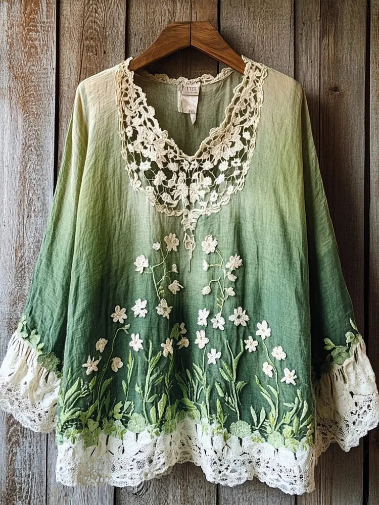 Women's Boho Floral Embroidered Lace Patchwork Linen Shirt