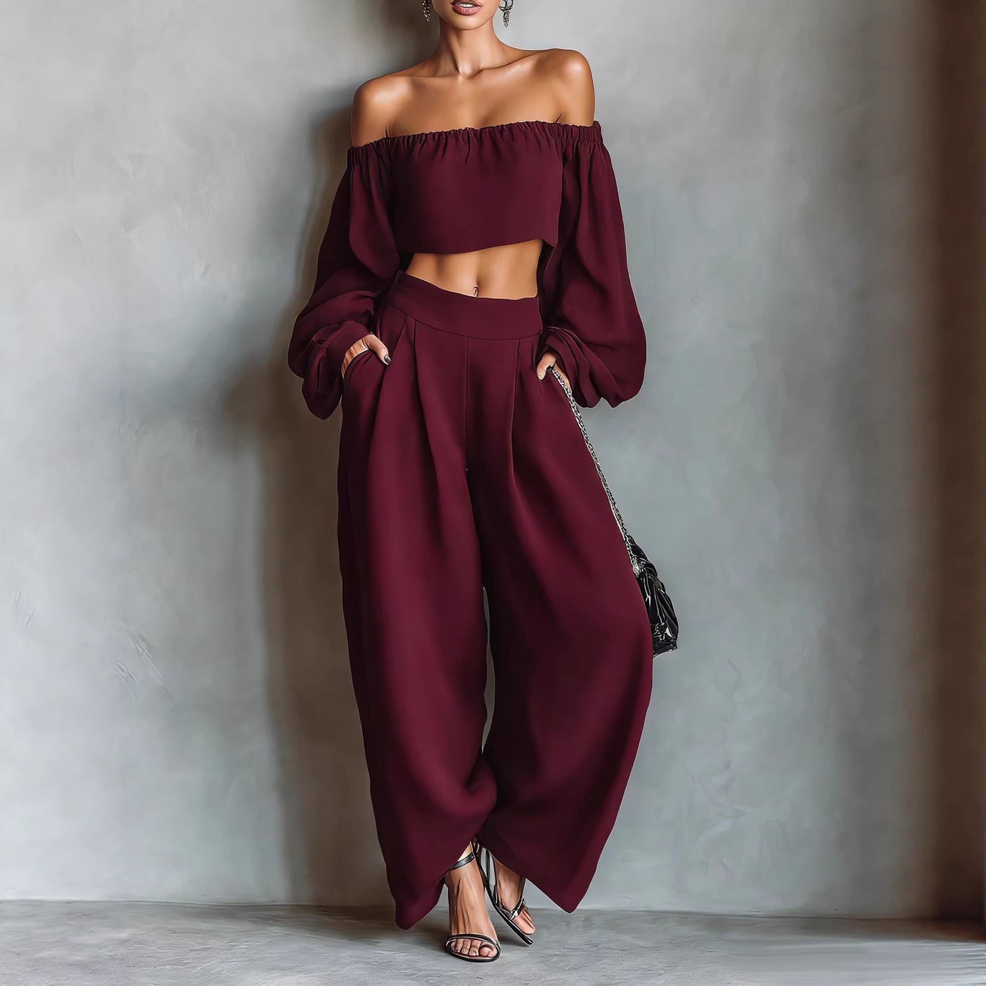 Gurtons Elegant Off-Shoulder Puff Sleeve Two-Piece Set - Flowy Wide Leg Pants Resort Wear
