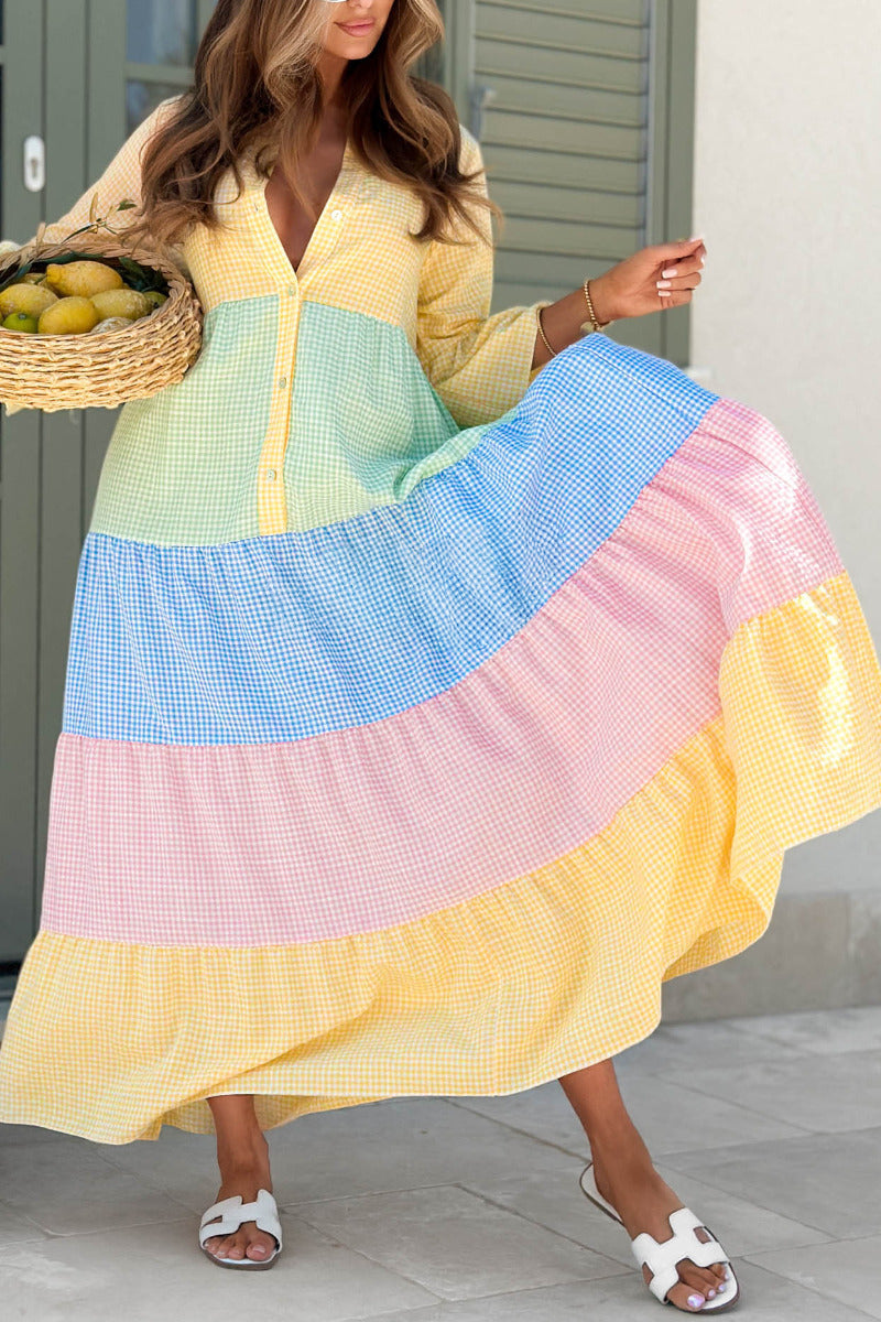 Colorful Gingham Patchwork Tiered  Dressess