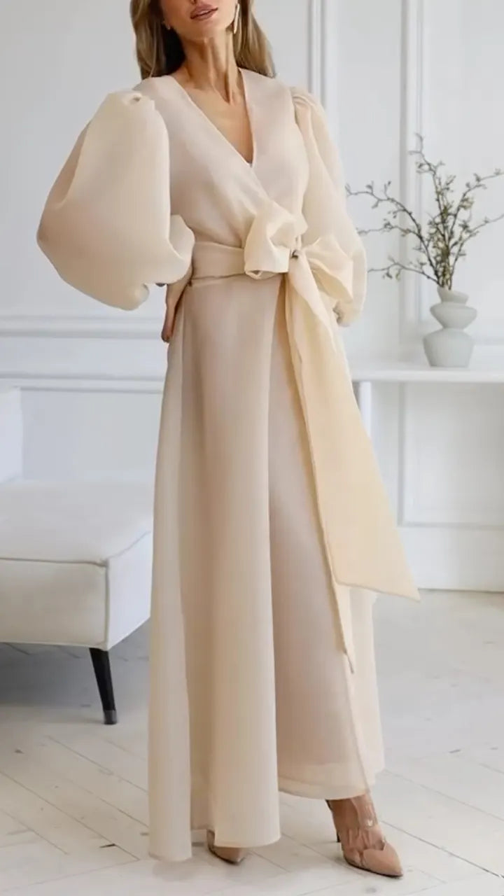 Two Piece Champagne Satin Midi Dress with Organza Puff Sleeve Cardigan