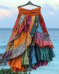 Summer colorful vacation patchwork cotton and linen contrast color skirt 7ad0