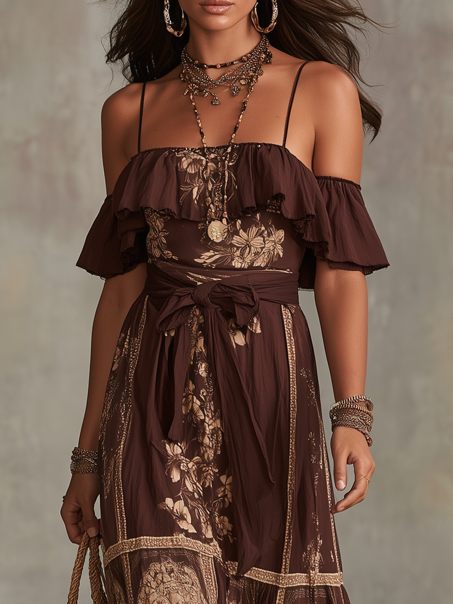 Elegant Chocolate Brown Floral Off-Shoulder Maxi Dress