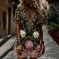 Women's Classic Romantic Pink Rose Embroidery Art Comfy Linen Mini Dress