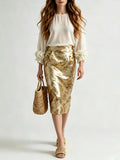 Resort Luxe Floral Appliqué Blouse With Brocade Midi Skirt
