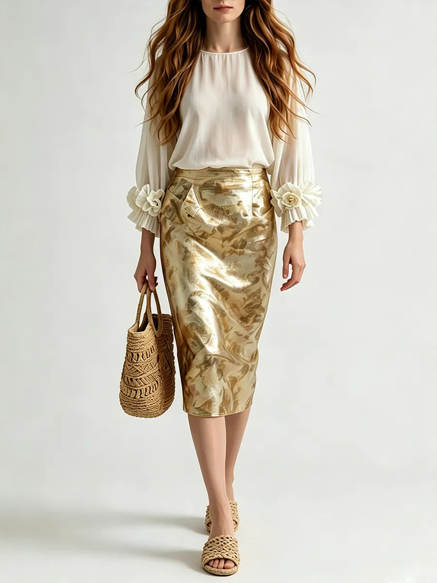 Resort Luxe Floral Appliqué Blouse With Brocade Midi Skirt