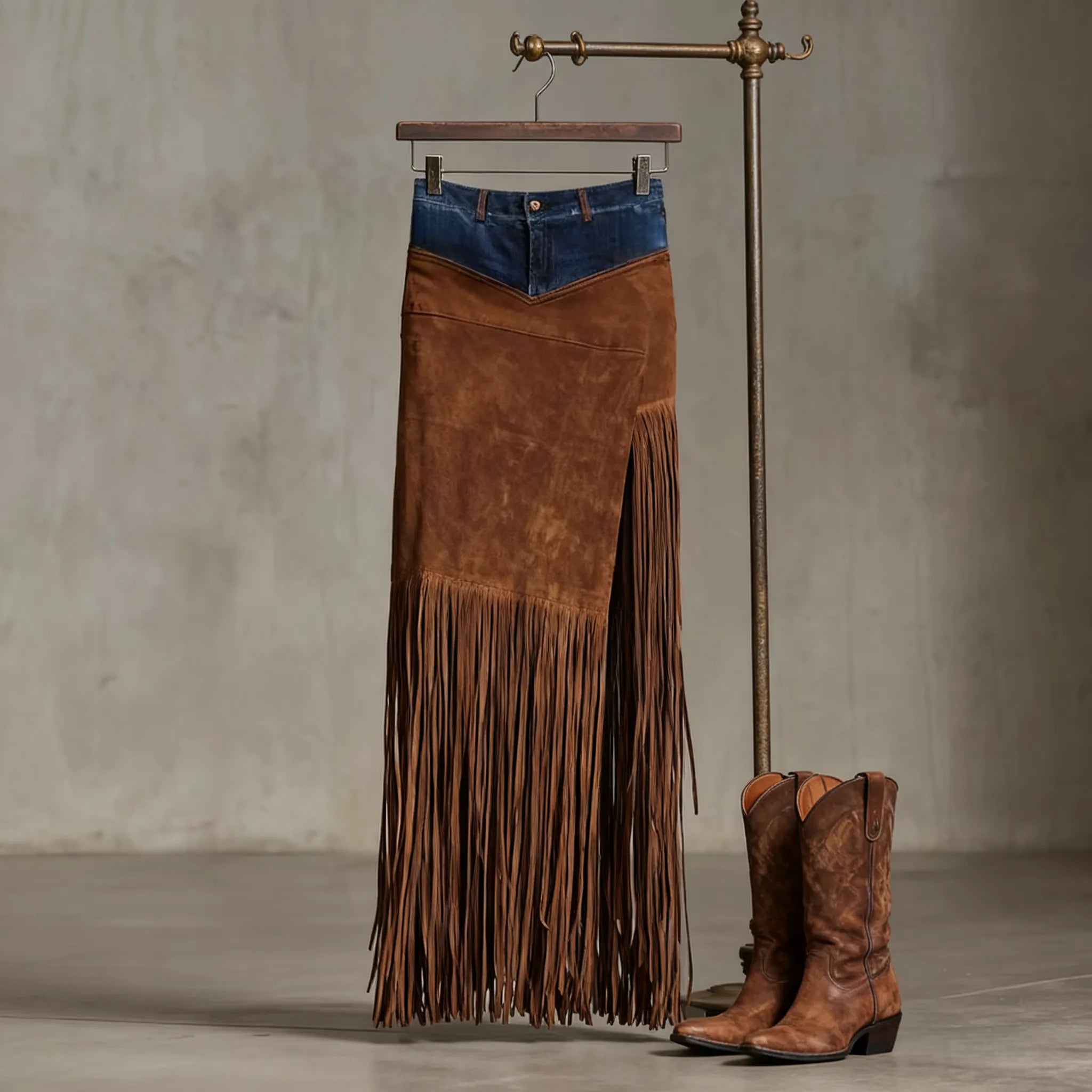 Women's Vintage Boho Chic Fringe Skirt Patchwork Denim Waistband
