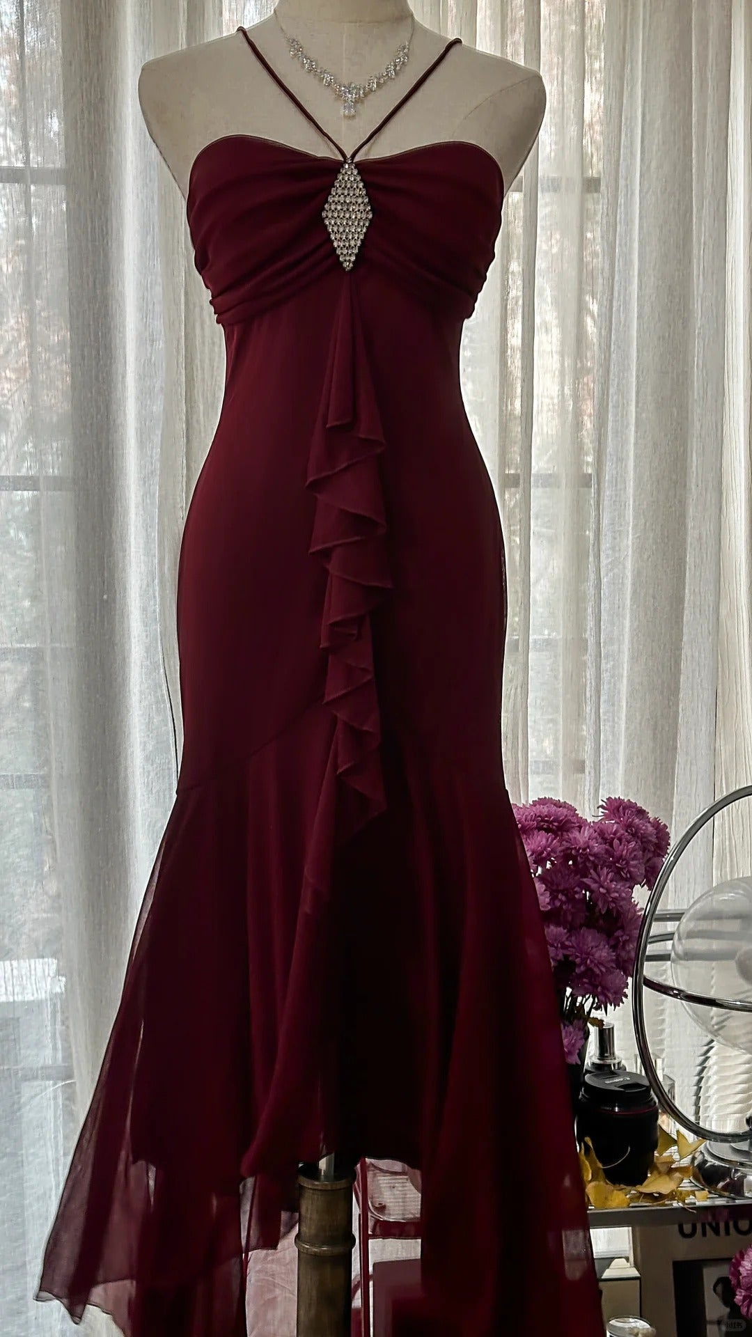 Burgundy Vintage Evening Dresses, Sleeveless Long Party Gowns  25510