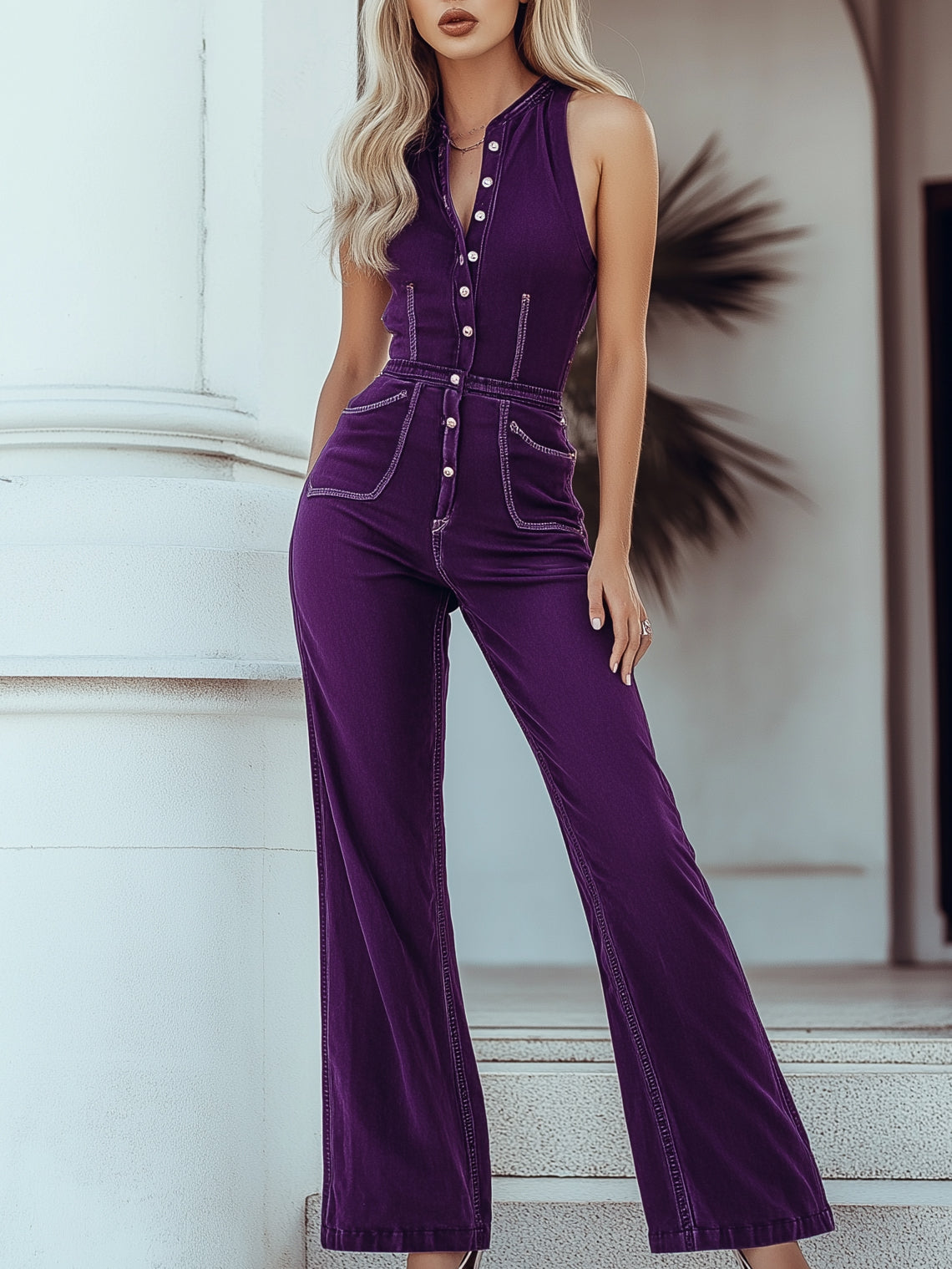 [24-hour shipping out]Mysterious Vintage Purple Denim Sleeveless Wide Leg Jumpsuit