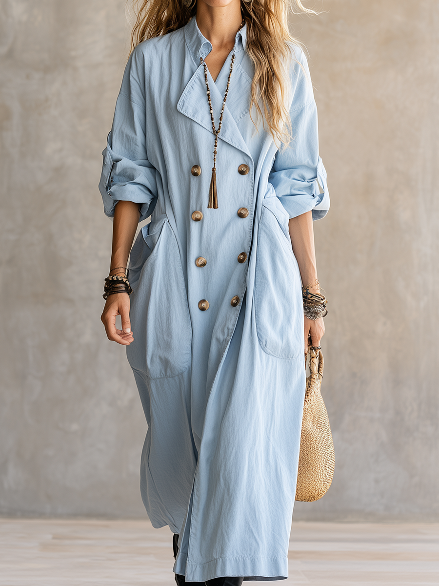Casual Light Blue Double-breasted Trench Coat