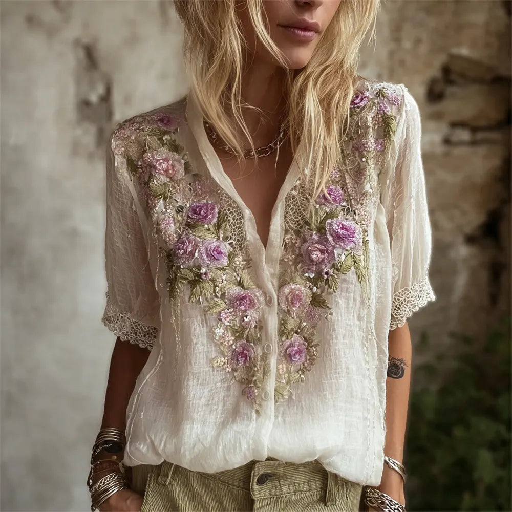 Boho Lace Floral Embroidery Women's Linen V-neck Short Sleeve Shirt
