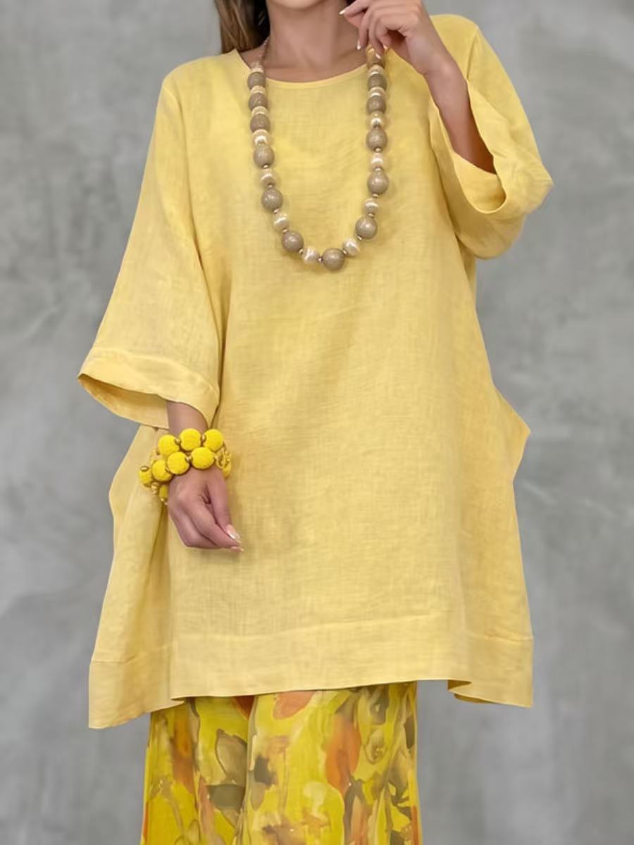 Split-side Solid Color Three-quarter Sleeves Loose Round-neck Blouses&shirts Tops