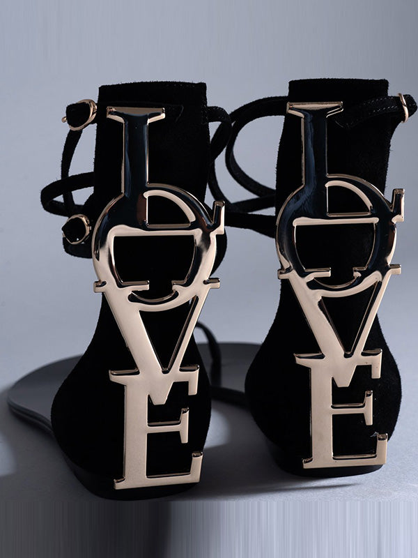 Metal Letters Split-Joint Bandage Open Toe Sandals