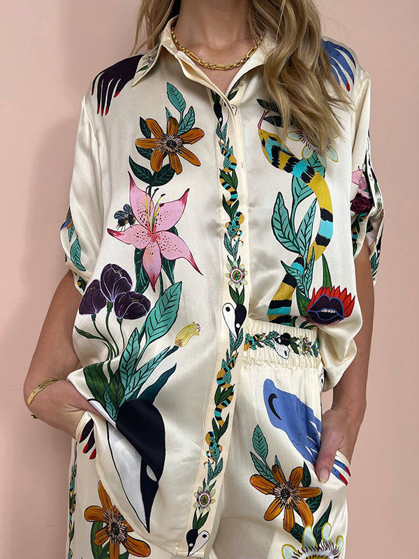 Buttoned Drawstring Elasticity Flower Print Pockets Half Sleeves Loose Lapel Two Pieces Set Pants Set