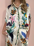 Buttoned Drawstring Elasticity Flower Print Pockets Half Sleeves Loose Lapel Two Pieces Set Pants Set