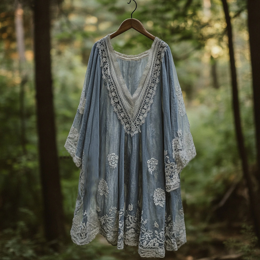 Vintage Floral Embroidered Pattern Linen Maxi Dress