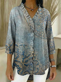 Women's Retro Floral Art Print Casual Ruffled 3/4 Sleeve Denim Shirt