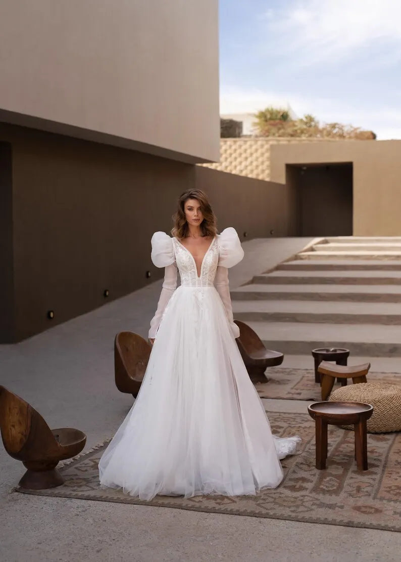 Aline Boho Style Wedding Dress, Sleeveless Detachable Long Sleeves Puff Shoulder Open Back Wedding Dress Bridal Gown Modern Design Train