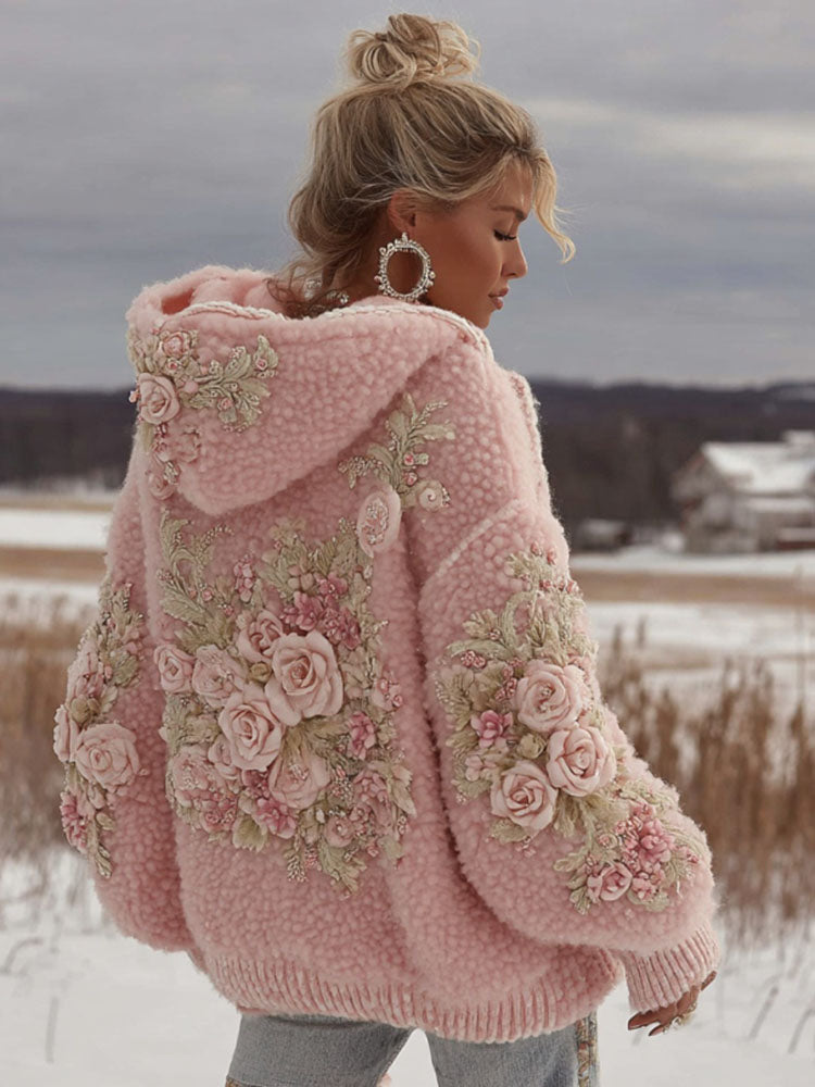 Women's Pink Floral Embroidered Art Cozy Plush Hoodie