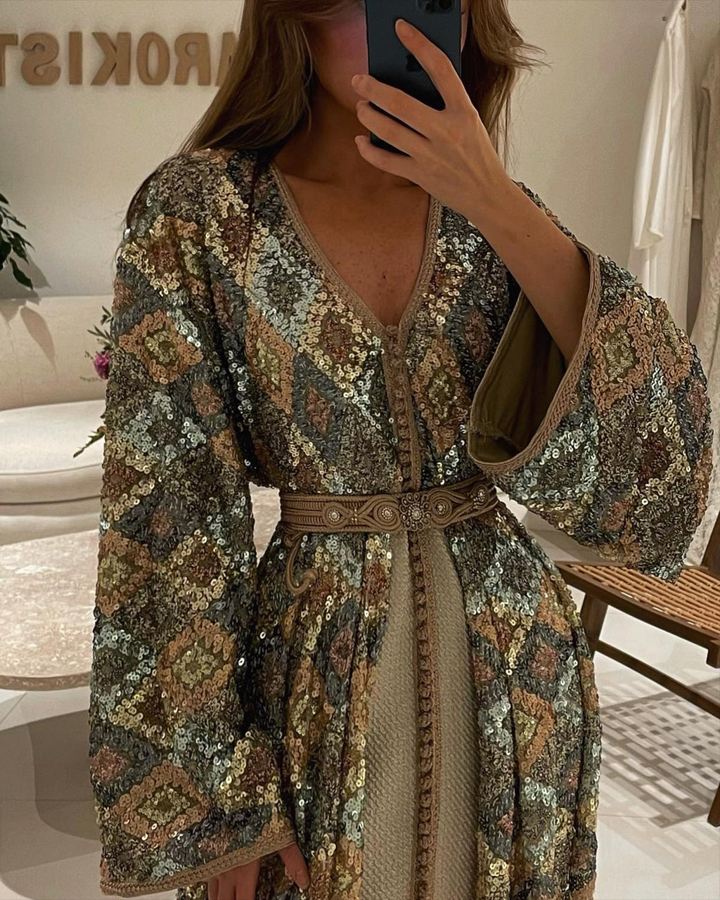 Women's V-neck slit sequined Dress