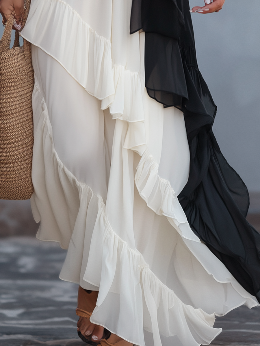Refined Black & White Asymmetric Ruffle Maxi Dress