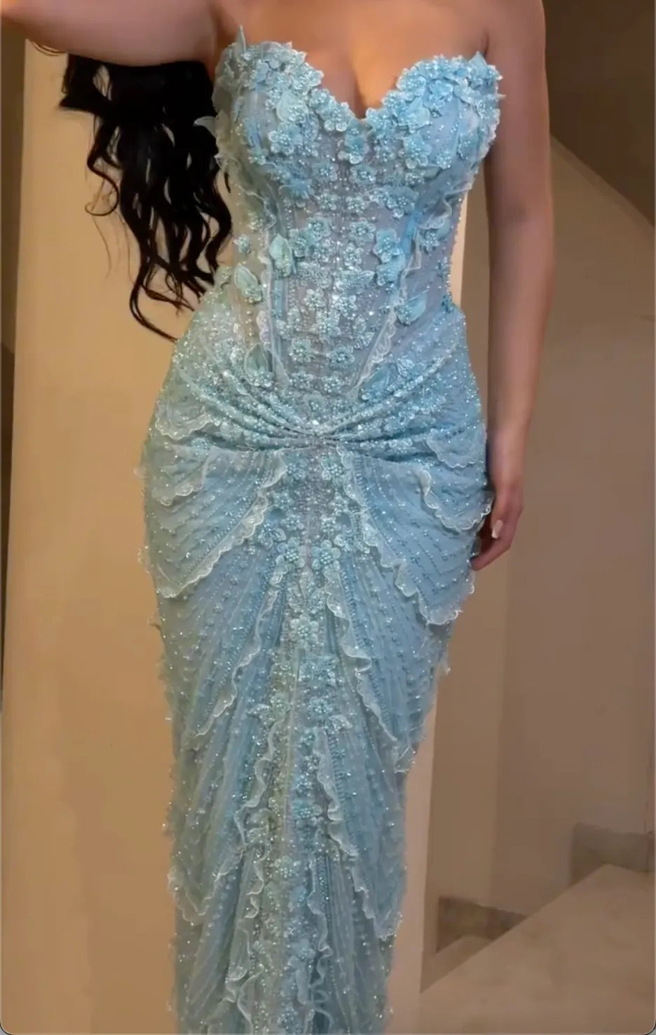Strapless 3D Floral Beaded Ruffle Mermaid Evening Gown, Light Blue Sweetheart Ruched Sheer Formal Maxi Dress