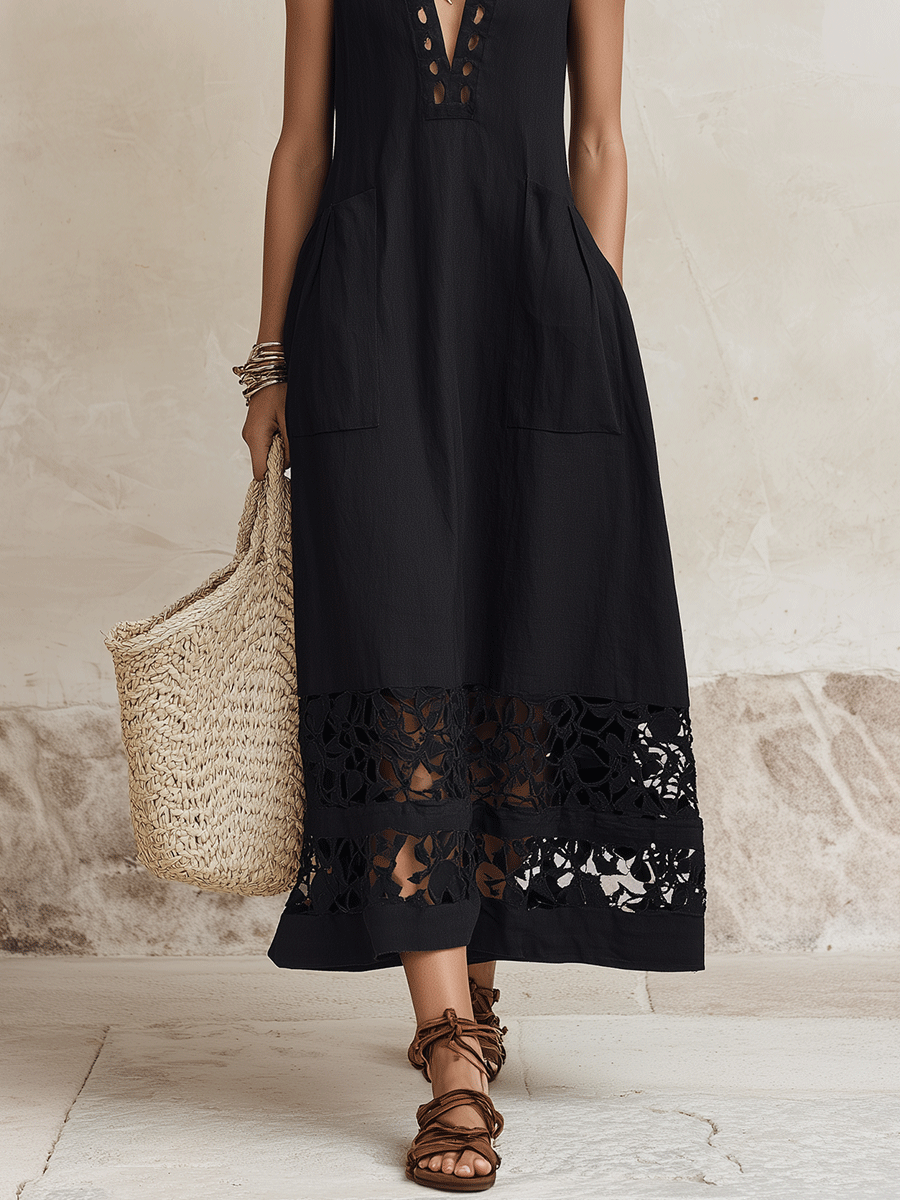 Elegant Vacation Minimal Chic Black Cotton-Linen A-Line Midi Dress