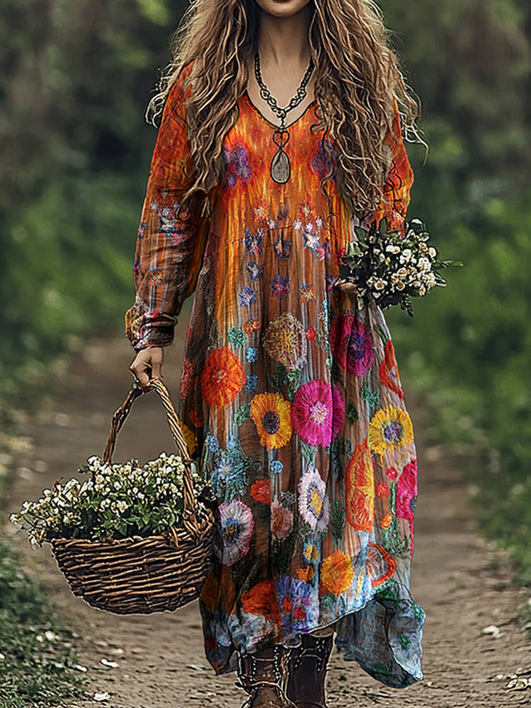 Women's Vintage Floral Patchwork V Neck Midi Dress